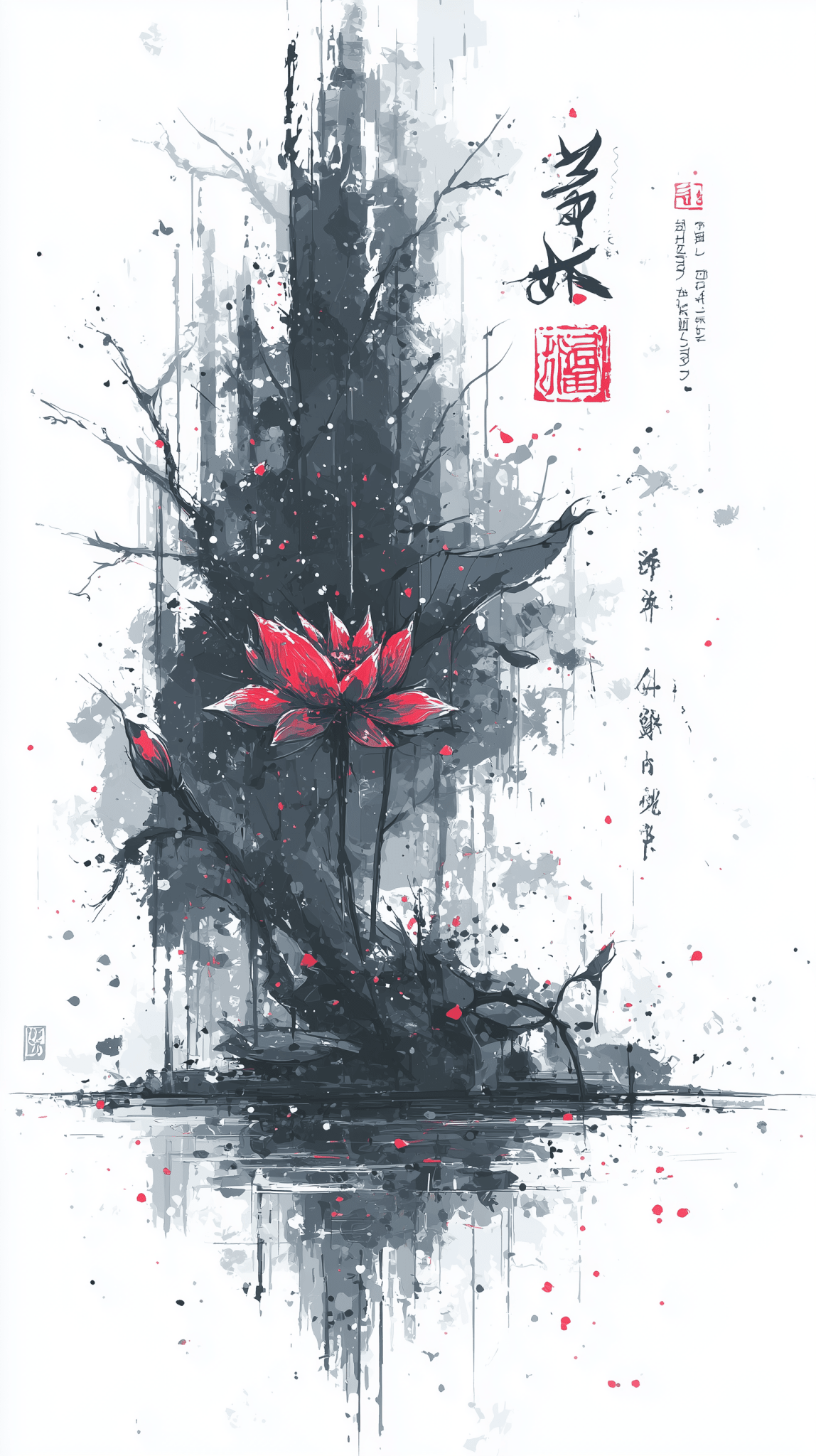 Crimson Lotus Reverie - Noir Moth Zen Ink Art