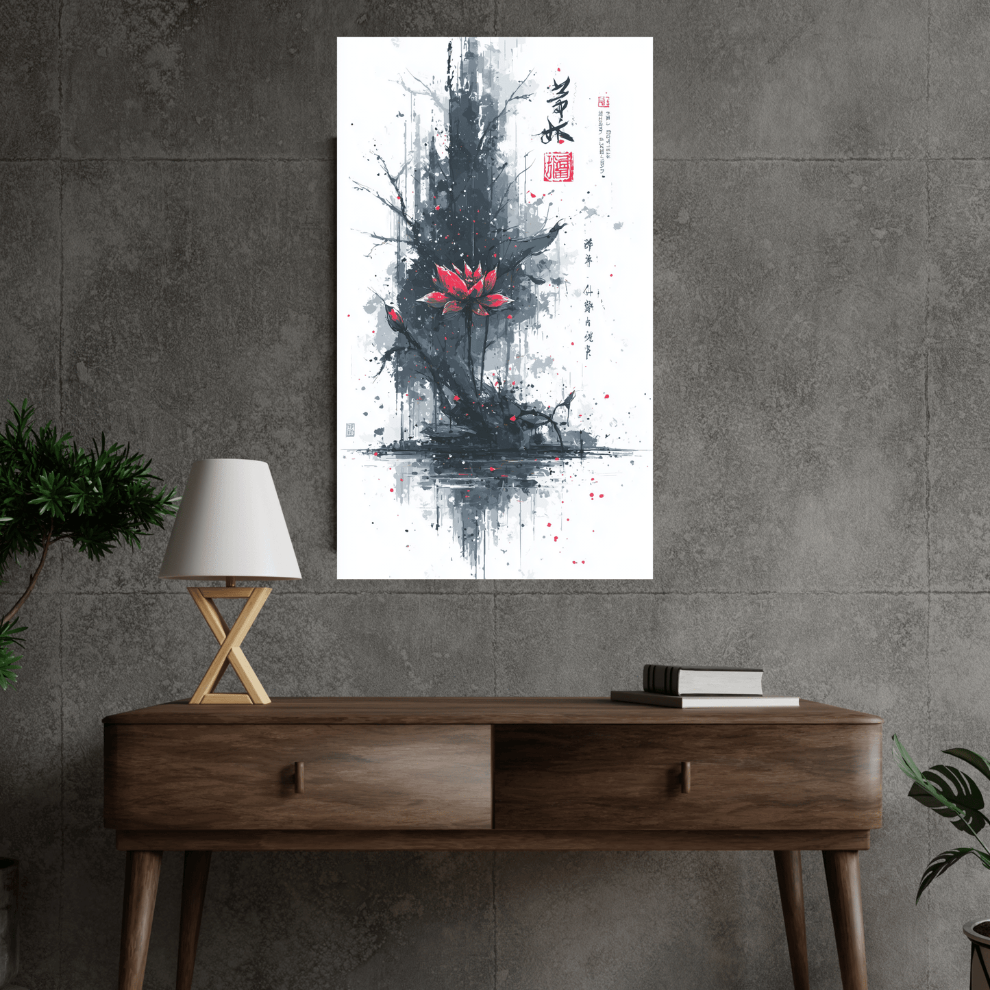 Crimson Lotus Reverie - Noir Moth Zen Ink Art