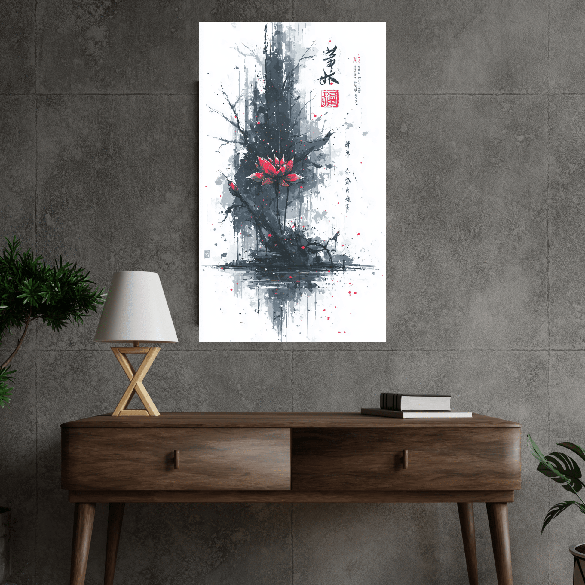 Crimson Lotus Reverie - Noir Moth Zen Ink Art