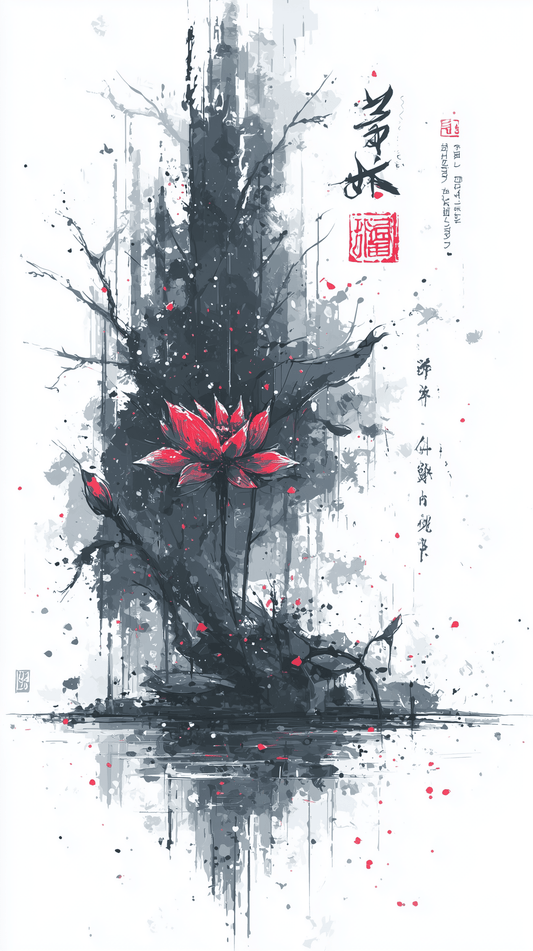 Crimson Lotus Reverie - Noir Moth Zen Ink Art
